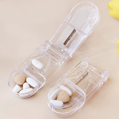 Pill Cutter with Invisible Storage Box Portable 2 in 1 Mini Drug Tablet Medicine Dustproof Divider Organizer Crusher Pill Box