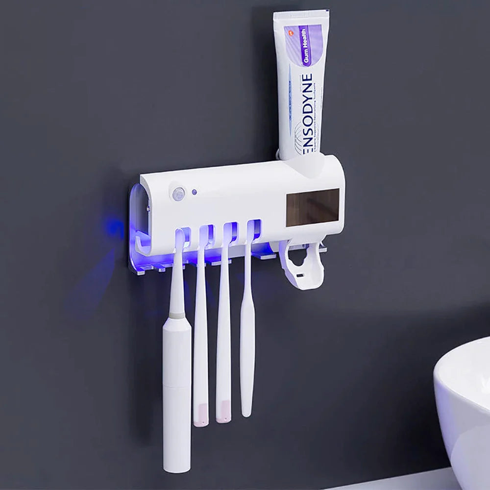 UV Light Sanitizer Toothbrush Holder Cleaner & Automatic Toothpaste Dispenser