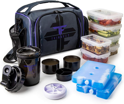 Insulated Meal Prep Lunch Box with 6 Food Portion Control Containers - Bpa-Free, Reusable, Microwavable, Freezer Safe - with Shaker Cup, Pill Organizer, Shoulder Strap & Side Pocket (Purple)