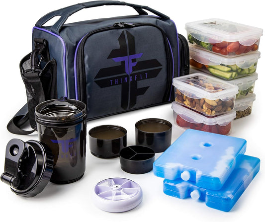 Insulated Meal Prep Lunch Box with 6 Food Portion Control Containers - Bpa-Free, Reusable, Microwavable, Freezer Safe - with Shaker Cup, Pill Organizer, Shoulder Strap & Side Pocket (Purple)