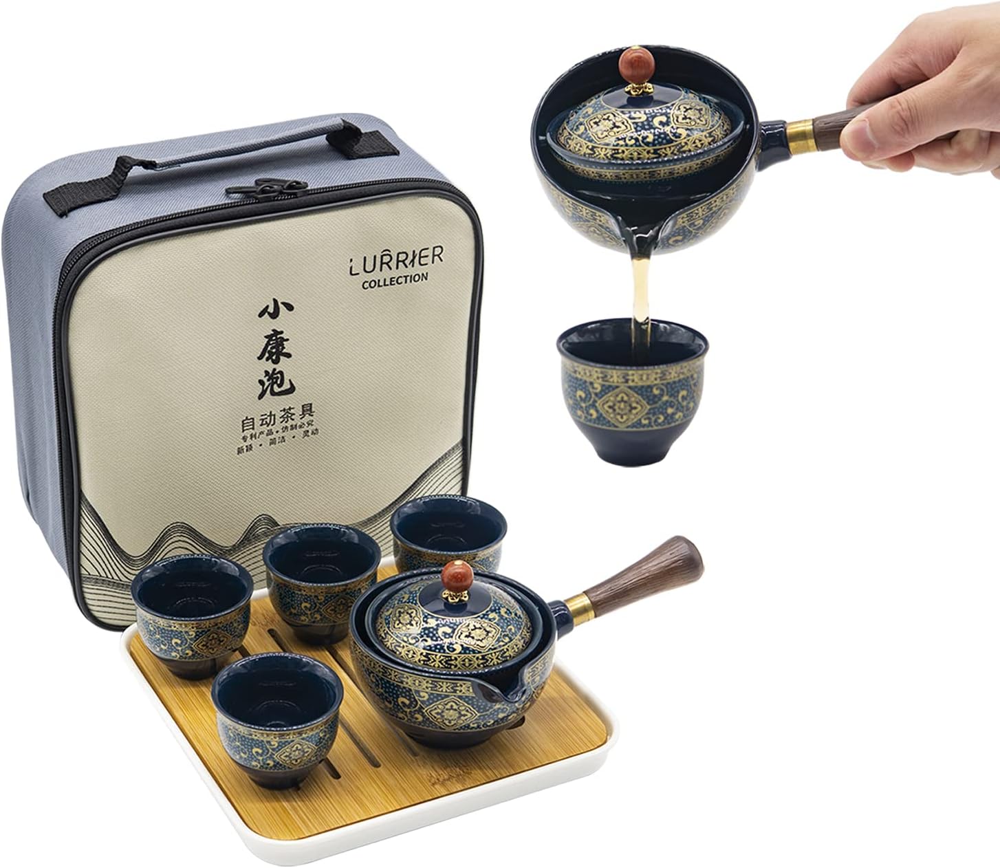 Porcelain Chinese Gongfu Tea Set,Portable Teapot Set with 360 Rotation Tea Maker and Infuser,Portable All in One Gift Bag for Travel,Home,Gifting,Outdoor and Office (Floral Blue)