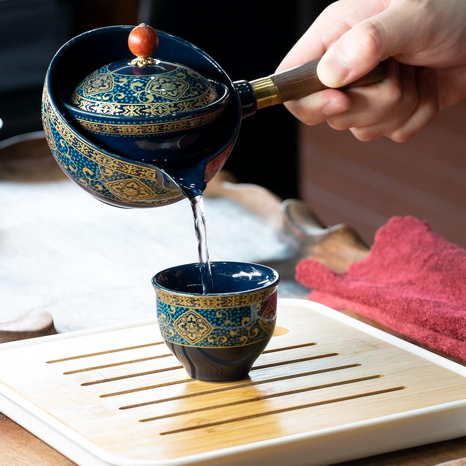 Porcelain Chinese Gongfu Tea Set,Portable Teapot Set with 360 Rotation Tea Maker and Infuser,Portable All in One Gift Bag for Travel,Home,Gifting,Outdoor and Office (Floral Blue)