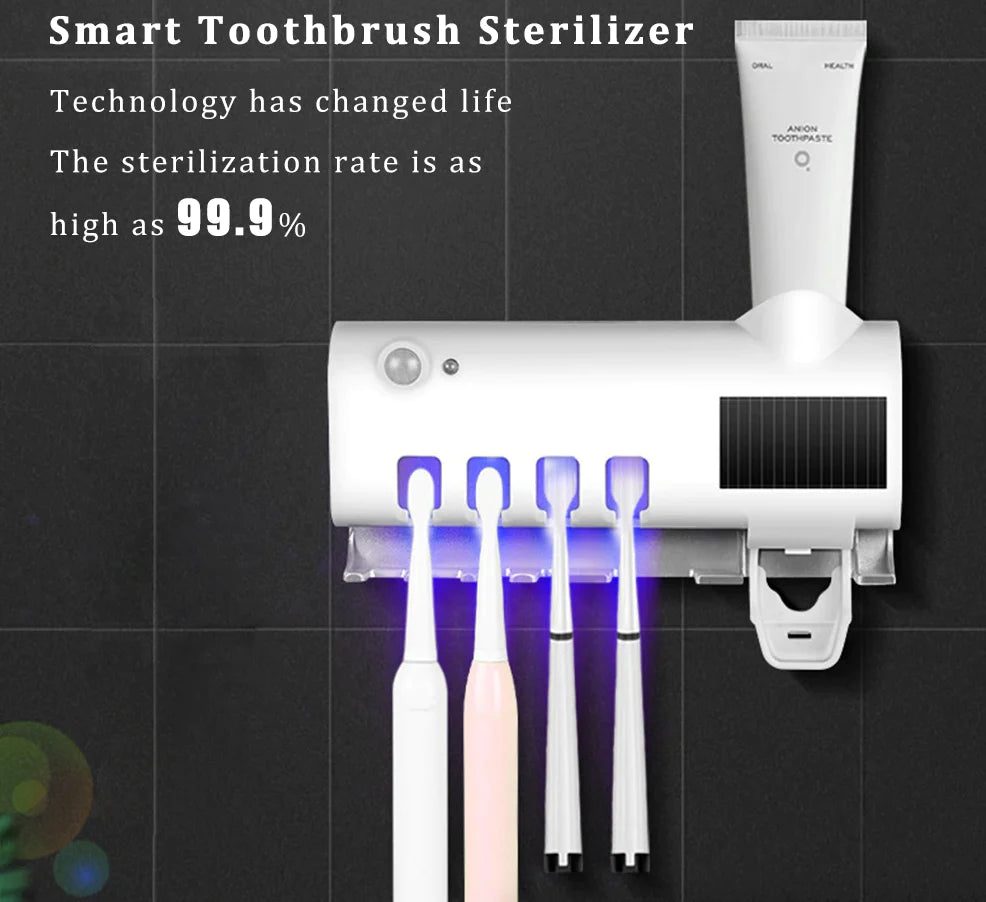 UV Light Sanitizer Toothbrush Holder Cleaner & Automatic Toothpaste Dispenser