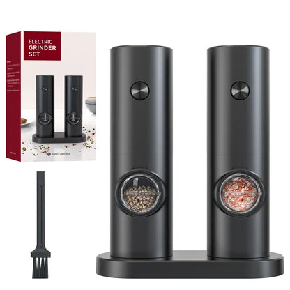 Electric Salt and Pepper Grinder Set, New Rechargeable Salt and Pepper Mill with Charging Base, White LED Light, One Hand Automatic Operation, Adjustable Coarseness, Black