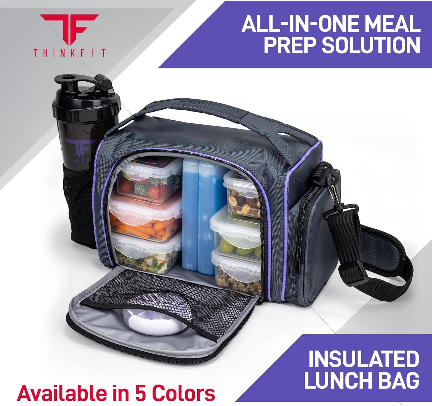 Insulated Meal Prep Lunch Box with 6 Food Portion Control Containers - Bpa-Free, Reusable, Microwavable, Freezer Safe - with Shaker Cup, Pill Organizer, Shoulder Strap & Side Pocket (Purple)