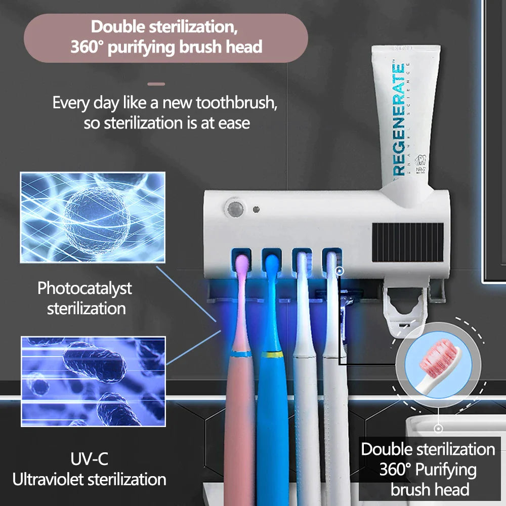 UV Light Sanitizer Toothbrush Holder Cleaner & Automatic Toothpaste Dispenser