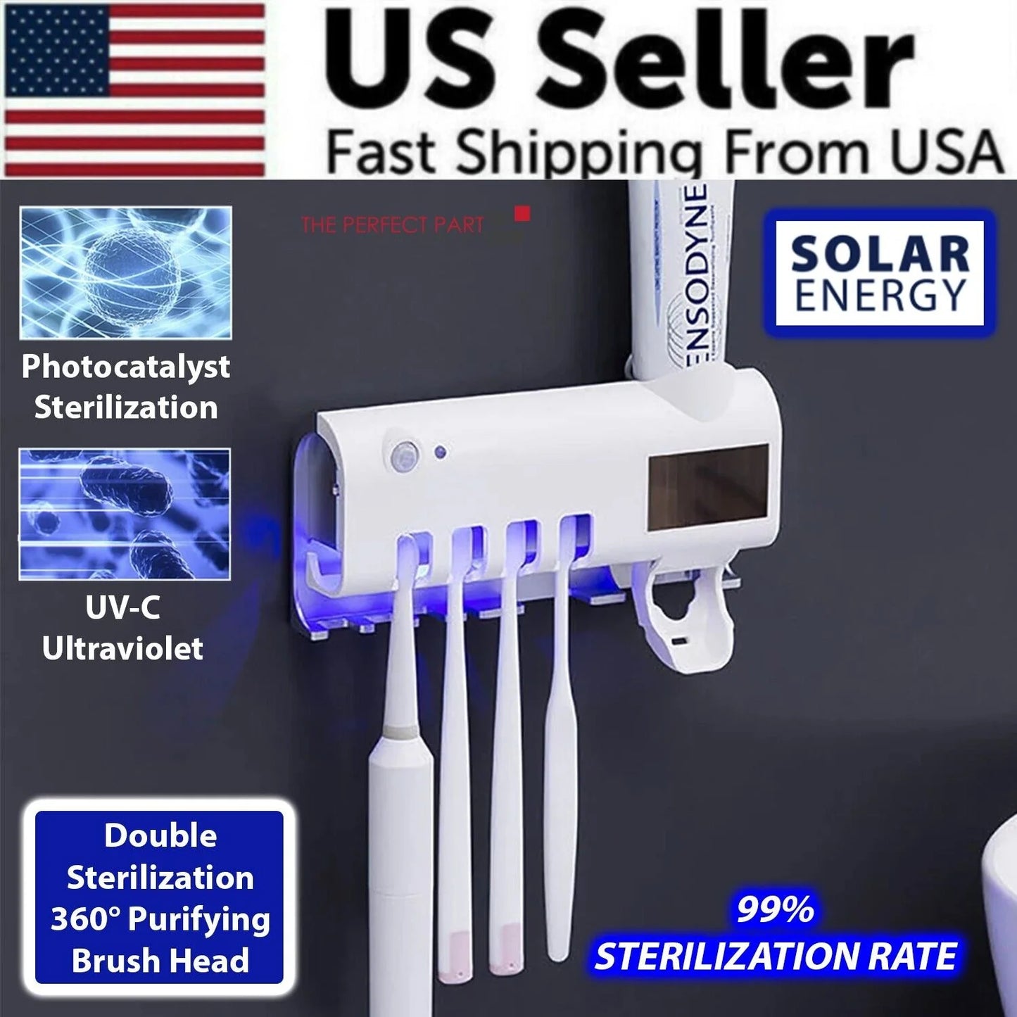 UV Light Sanitizer Toothbrush Holder Cleaner & Automatic Toothpaste Dispenser