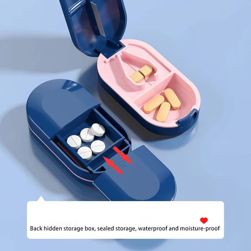 Pill Cutter with Invisible Storage Box Portable 2 in 1 Mini Drug Tablet Medicine Dustproof Divider Organizer Crusher Pill Box